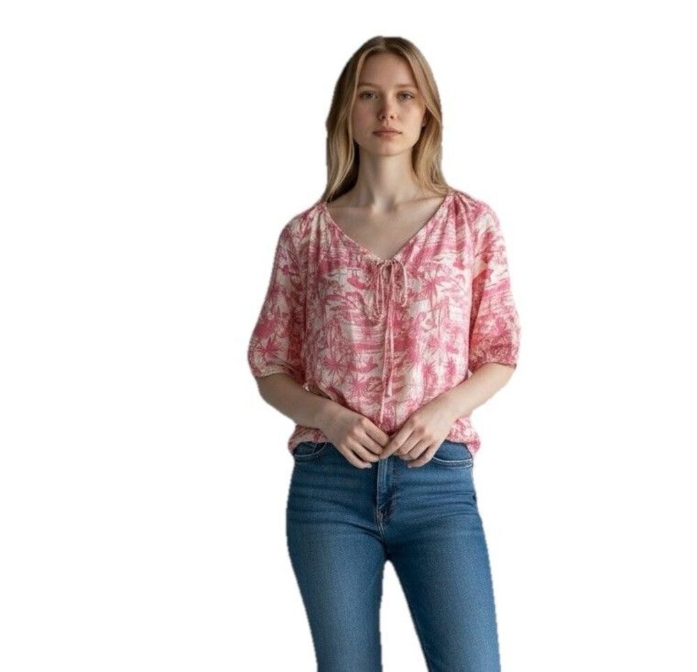 Torrid NWT 12 Pink Jungle Toile Crinkle Gauze Tie Front Blouse Tropical Top